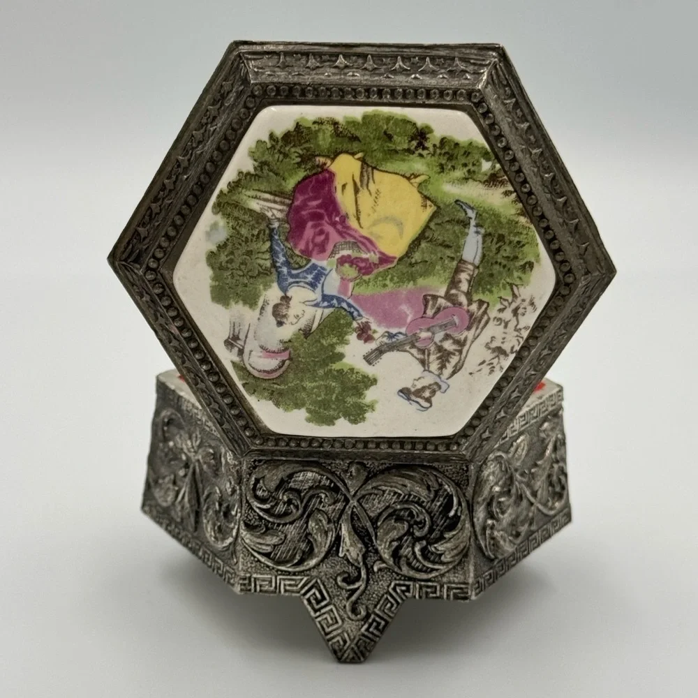 Vintage Farrington Footed Metal Hexagonal Shaped Trinket Box